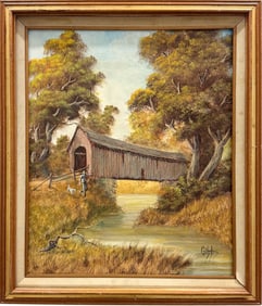 JOE D. GIBBS (20th c, American) Florida Artist, Covered Bridge Landscape