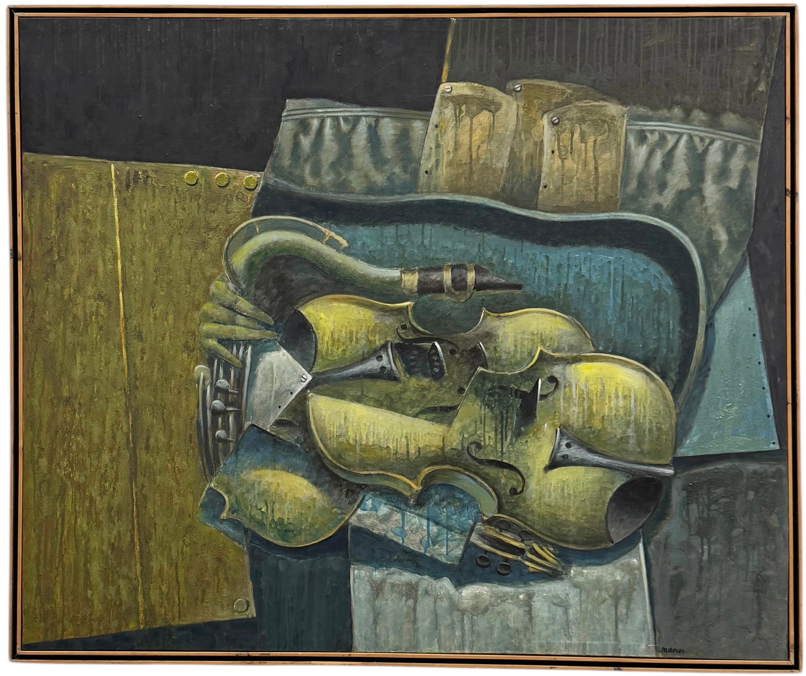 JESUS MARCOS (b. 1938, Spanish) Large Cubist Still Life 1993: Oil on canvas 47 x 39 1/2 in, 49 x 41 in (framed). Domestic Flat Shipping Price: $380