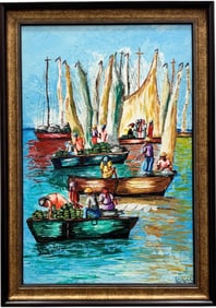 Nicely Framed Modernist Haitian Harbor Scene Signed Oil Painting