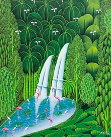 HENRI ROBERT BRESIL (20th c, Haitian) Double Waterfall Jungle Landscape