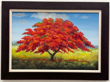 Cuban School Royal Poinciana Landscape Painting Signed A. Gil