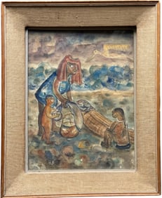 Mexican School Modernist Beach Scene Of A Family Fishing Signed Watercolor