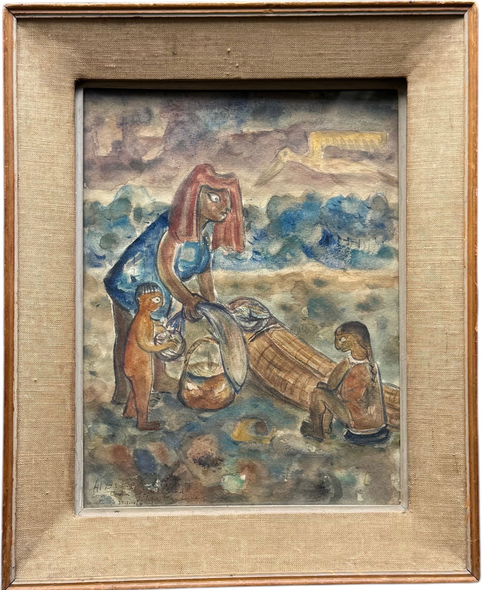 Mexican School Modernist Beach Scene Of A Family Fishing Signed Watercolor (1 of 3)