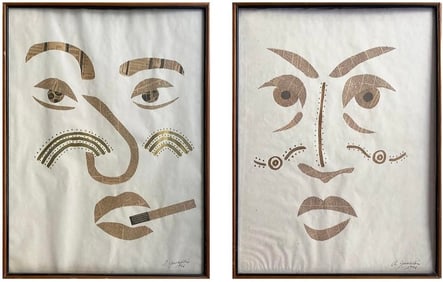 Mid-Century Nicely Framed Mexican Modern Newspaper Collage Signed Portraits