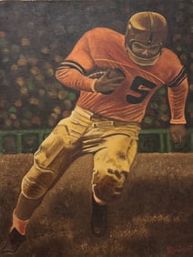 1960's Classic American Football Player In Action Signed Oil Painting