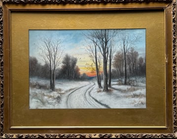 JW CLARKE 19th Century New York American Winter Luminist Landscape Pastel