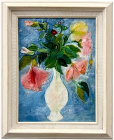 Nicely Framed Vintage Modernist Still Life Flowers Signed Illegibly