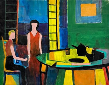 Vintage American Modernist Dinner Scene With Figures Unsigned