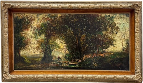Monumental Dramatic European Forest Landscape With Figure Painting In Ornate Frame