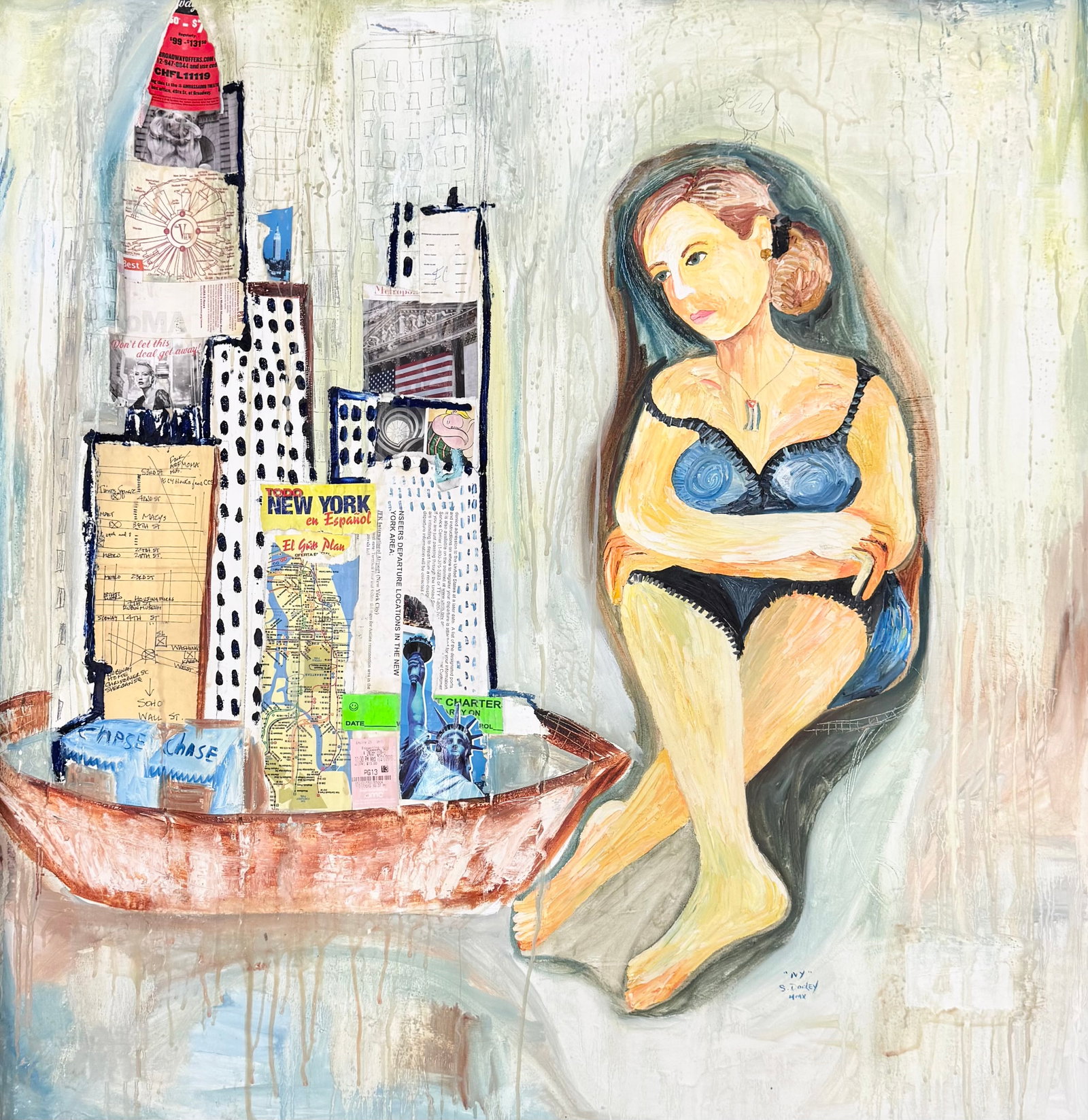 SANDRA DOOLEY (b. 1964, Cuban) Modernist Oil & Collage: Oil and collage 39 x 39 in. Shipped rolled. Domestic Flat Shipping Price: $55