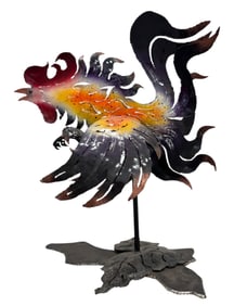 Contemporary Cut Steel Painted Metal Rooster Sculpture