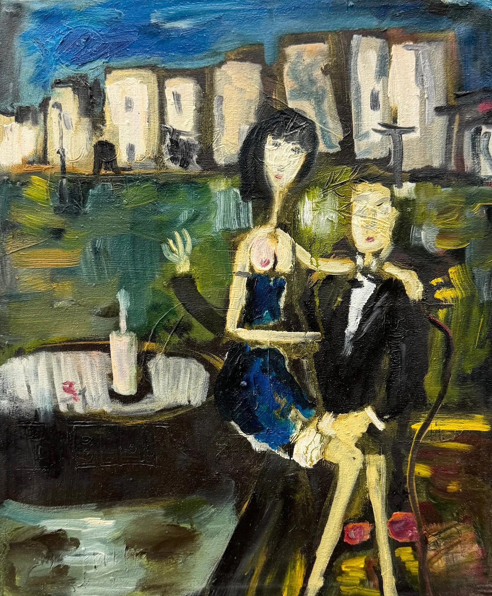 Mexican School Modernist Dinner Scene Oil Painting On Canvas: Oil on canvas 15.5 x 12.5 in. Domestic Flat Shipping Price: $45