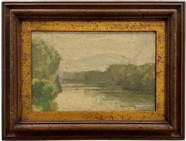 American School Impressionist River Landscape Signed Oil Painting On Board