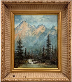 Early 20th Century Rushing River Mountain Landscape Illegibly Signed Oil Painting