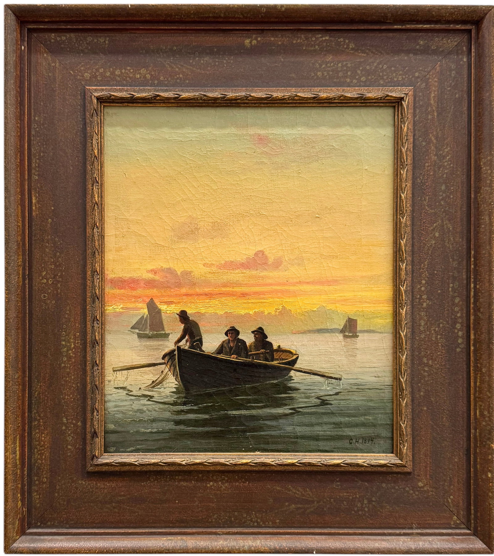 19th Century European Luminist Seascape With Fisherman Monogrammed 1894: Oil painting on canvas 12 1/4 x 10 1/4 in, 18 x 16 1/2 in (framed). Domestic Flat Shipping Price: $55