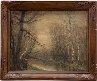 19th Century Gloomy European Forest River Landscape With Birch Trees Signed Oil Painting