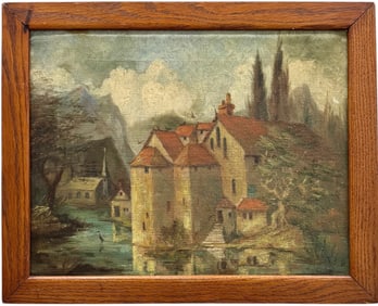 19th Century European Castle Landscape Oil Painting Signed & Dated 1866