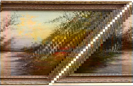 19th Century Sunset River Forest Landscape Signed Oil Painting