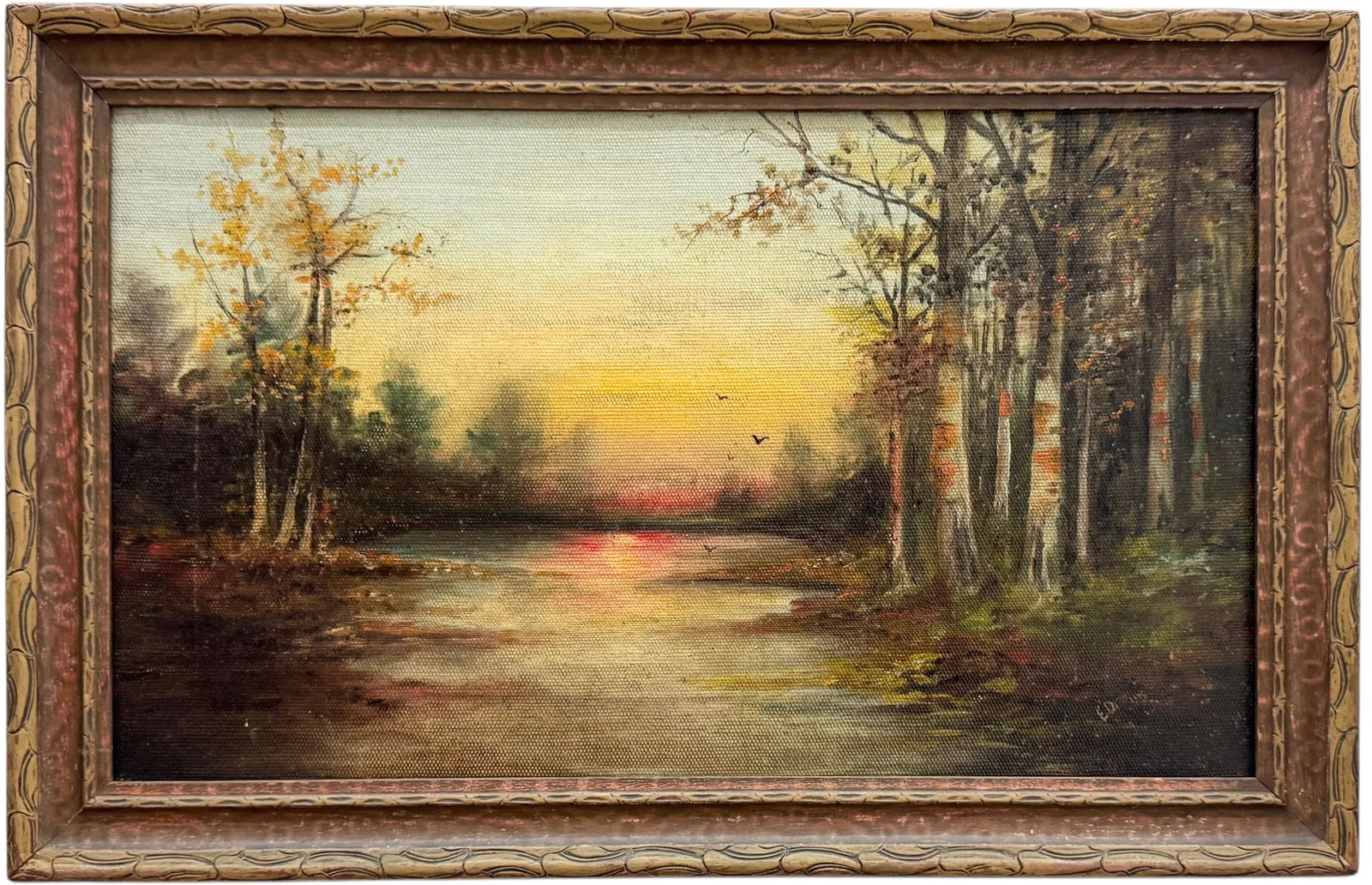 19th Century Sunset River Forest Landscape Signed Oil Painting (1 of 3)
