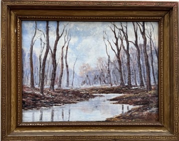 American Impressionist Snowy Winter Forest Landscape With Stream Signed Oil Painting