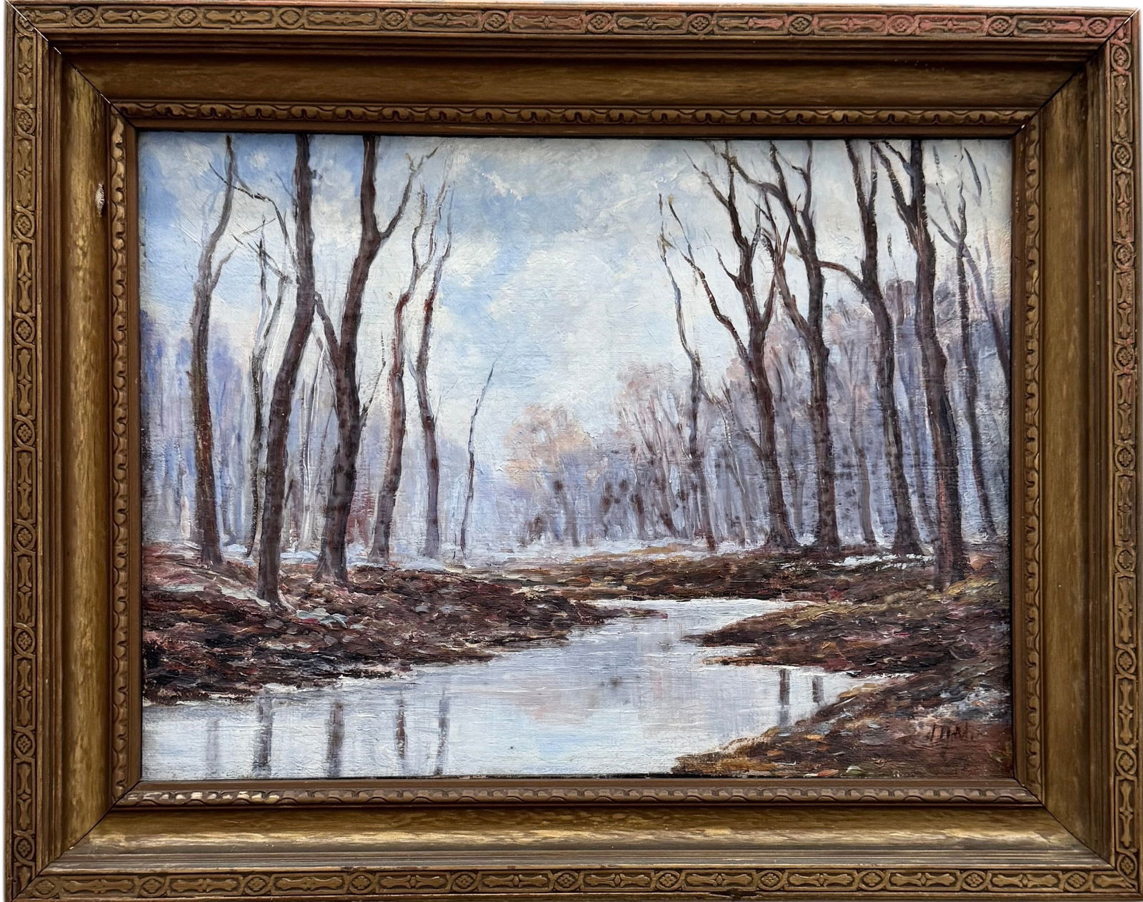 American Impressionist Snowy Winter Forest Landscape With Stream Signed Oil Painting (1 of 3)