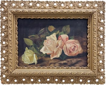 19th Century Still Life Of Roses Oil Painting On Academy Board