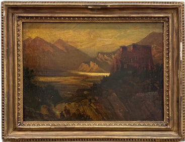 19th Century European Rocky Mountain Landscape With Castle Ruins Oil Painting
