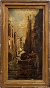 19th Century Italian Venice Canal Scene Signed Oil Painting