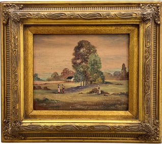 American Rural Landscape With Figures Oil Painting On Board