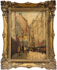 Early 20th Century Paris School Street Scene With Figures Signed Oil Painting