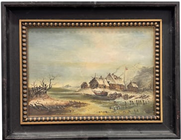 19th Century Continental School Winter Landscape French Encampment Signed Painting