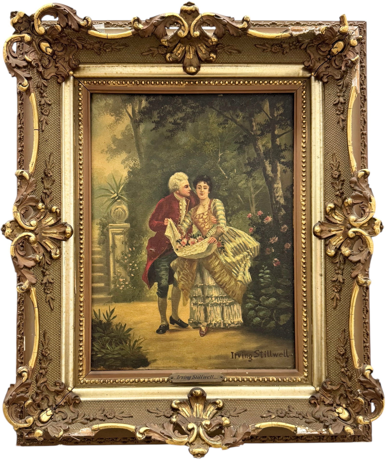 IRVING STILLWELL 19th Century American Courting Scene Lovers In Garden: Oil on canvas 16 x 12 in, 23 3/4 x 19 3/4 in (framed). Domestic Flat Shipping Price: $80