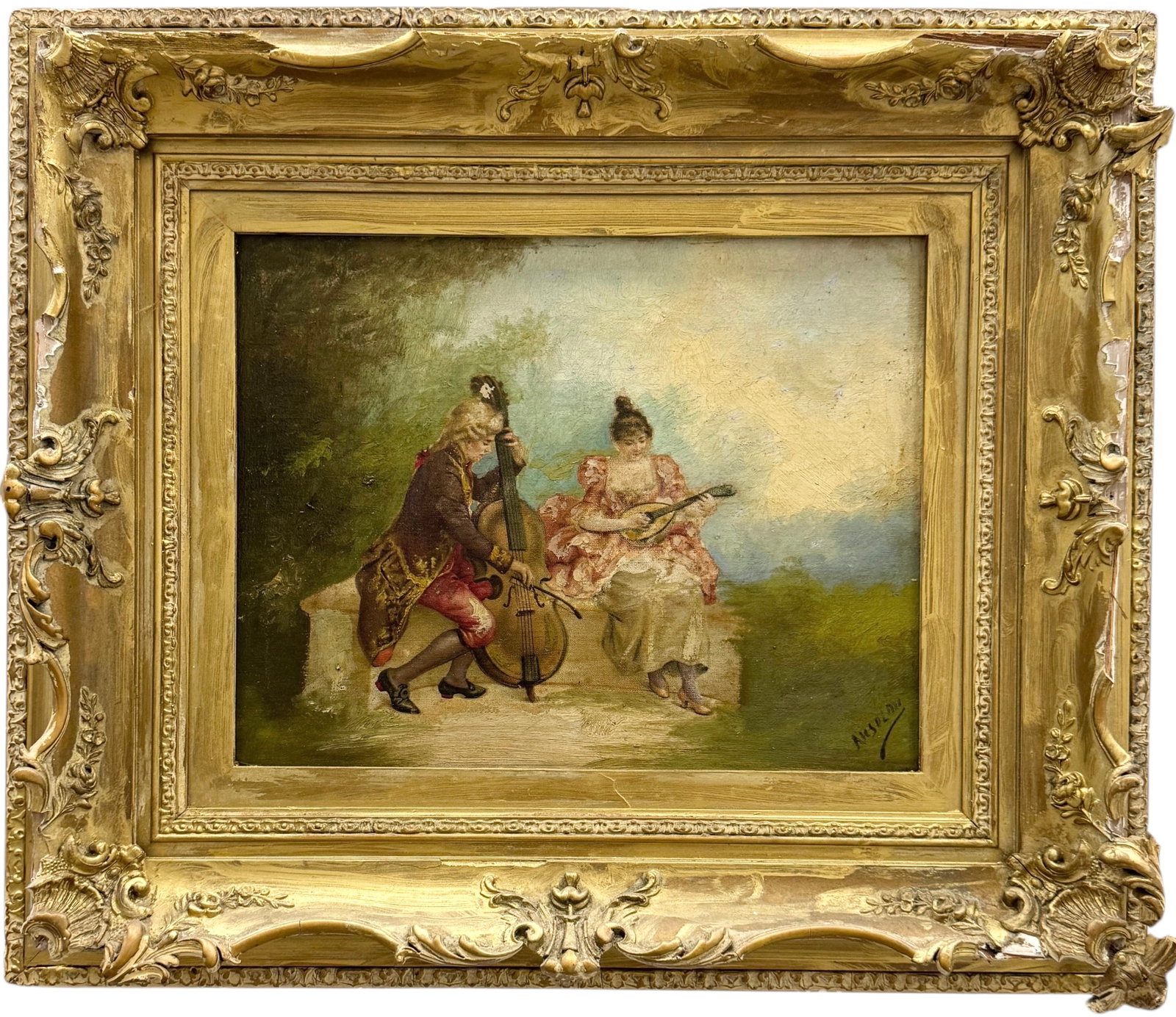 19th Century Genre Scene Of Man & Woman Musicians Oil On Canvas: Oil on canvas 14 x 11 in, 22 x 19 in (framed). Domestic Flat Shipping Price: $80