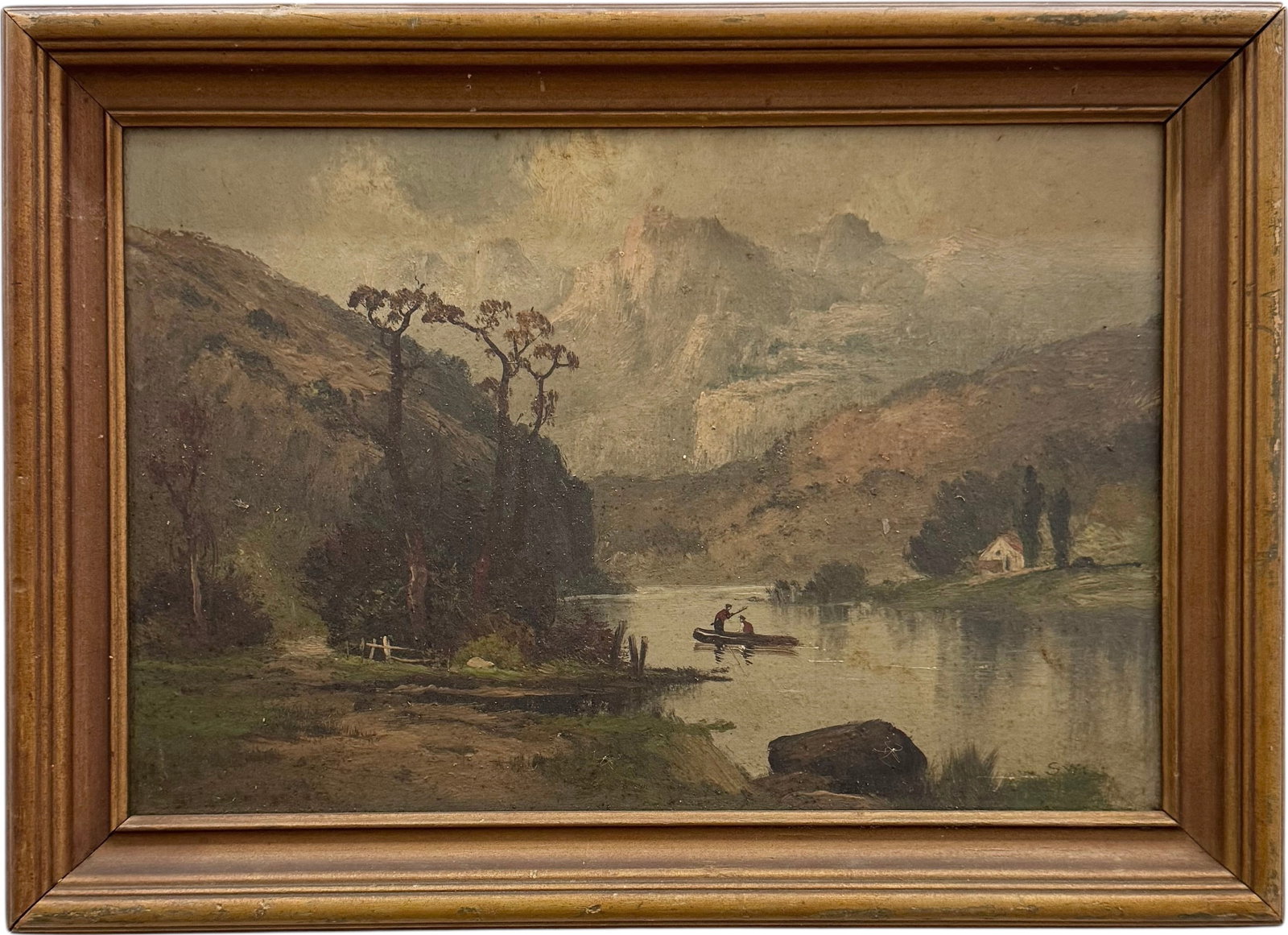 Early 20th Century American School Fishermen On Lake Oil Painting Detroit Gallery Tag: RUDOLPH WHITE, Detroit Michigan. Oil on board 16 x 12 in. Domestic Flat Shipping Price: $45