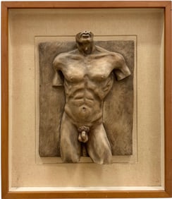 American Modernist Ceramic Male Nude Relief Signed Marlo