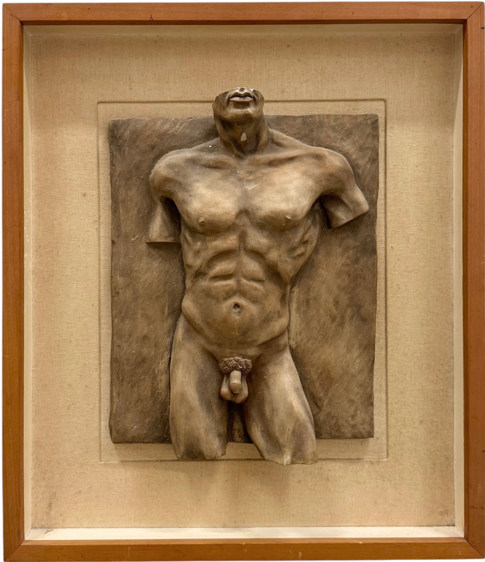 American Modernist Wall Sculpture Male Nude Relief Signed Marlo: Some type of clay or resin material 22 x 19 in (framed). Domestic Flat Shipping Price: $80