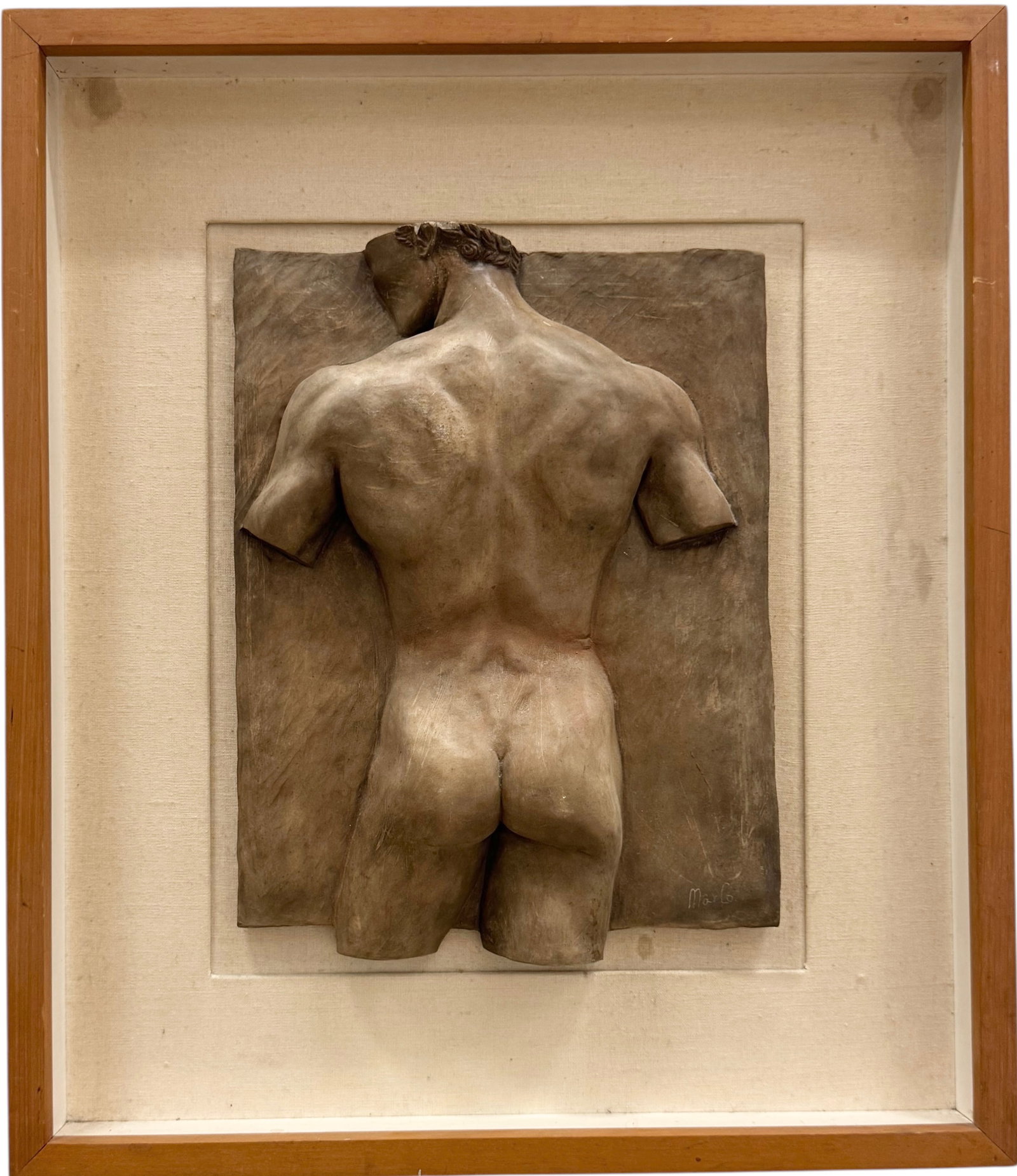 American Modernist Wall Sculpture Male Nude Relief Signed Marlo: Some type of clay or resin 22 x 19 in (framed). Domestic Flat Shipping Price: $80