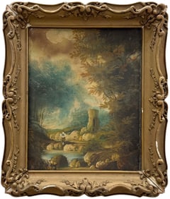 Early European School Modernist Figure In Forest Landscape With Ruins Signed Painting