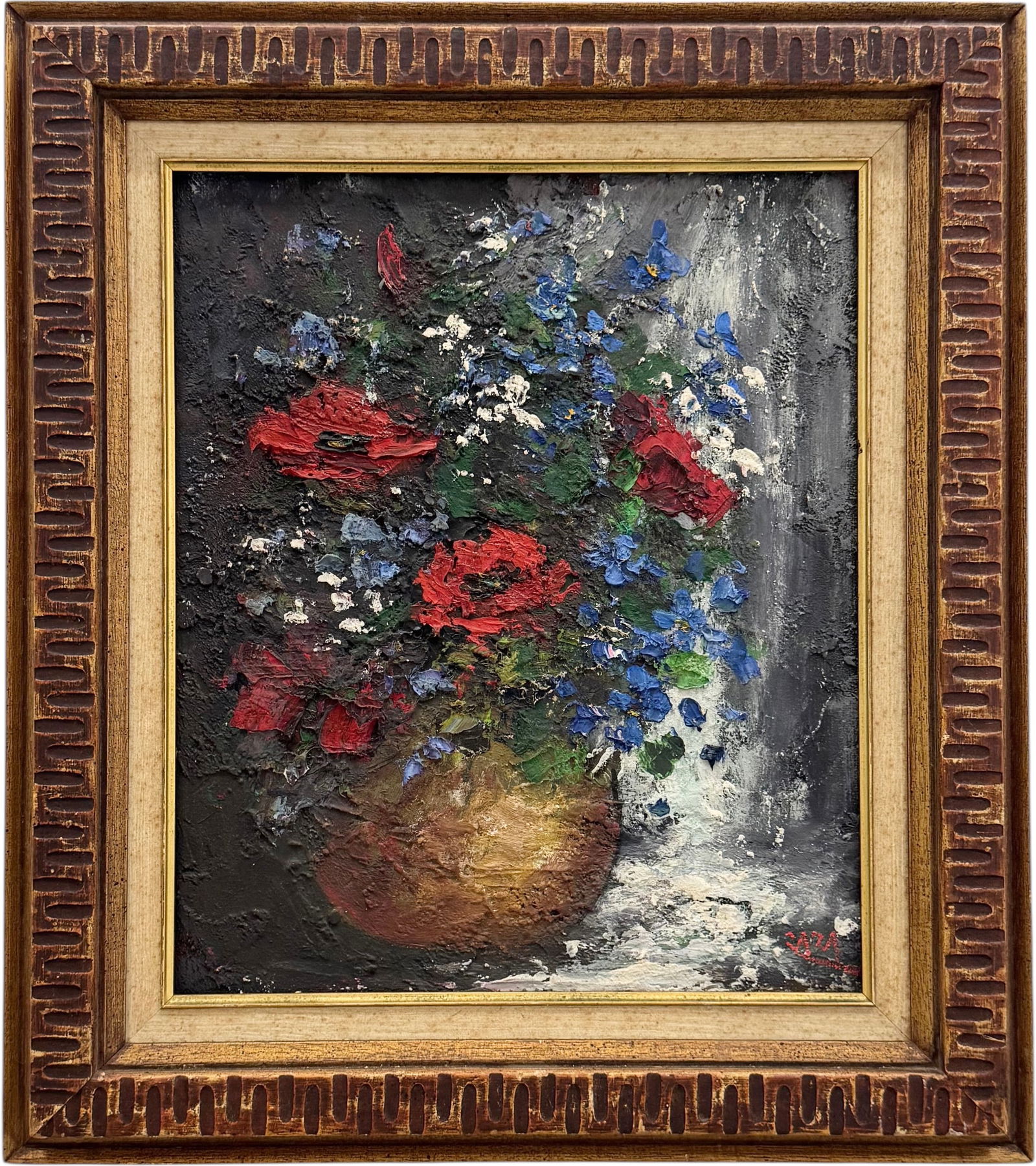 ZAZA MILIEU (20th c, Russian American) Still Life Of Flowers, Great Frame (1 of 3)