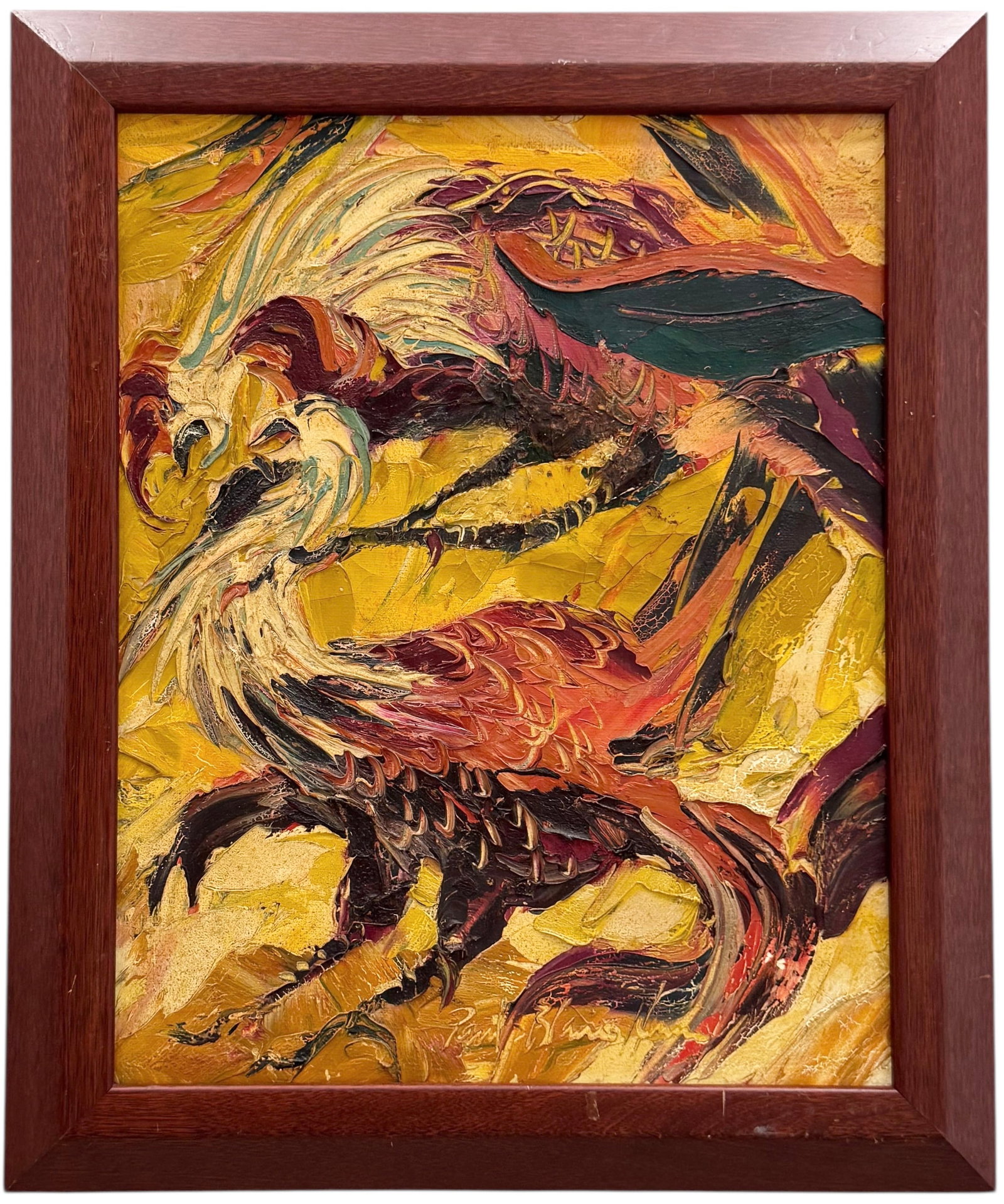 PAUL BLAINE HENRIE (1932-1999, American) Cockfight: Oil on canvas 20 x 16 in, 24 x 20 in (framed). Domestic Flat Shipping Price: $80