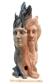 Contemporary Ceramic Sculpture Abstract Of Faces On Marble Base 14"