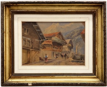 Circa 19th Century European Signed Watercolor Village Scene