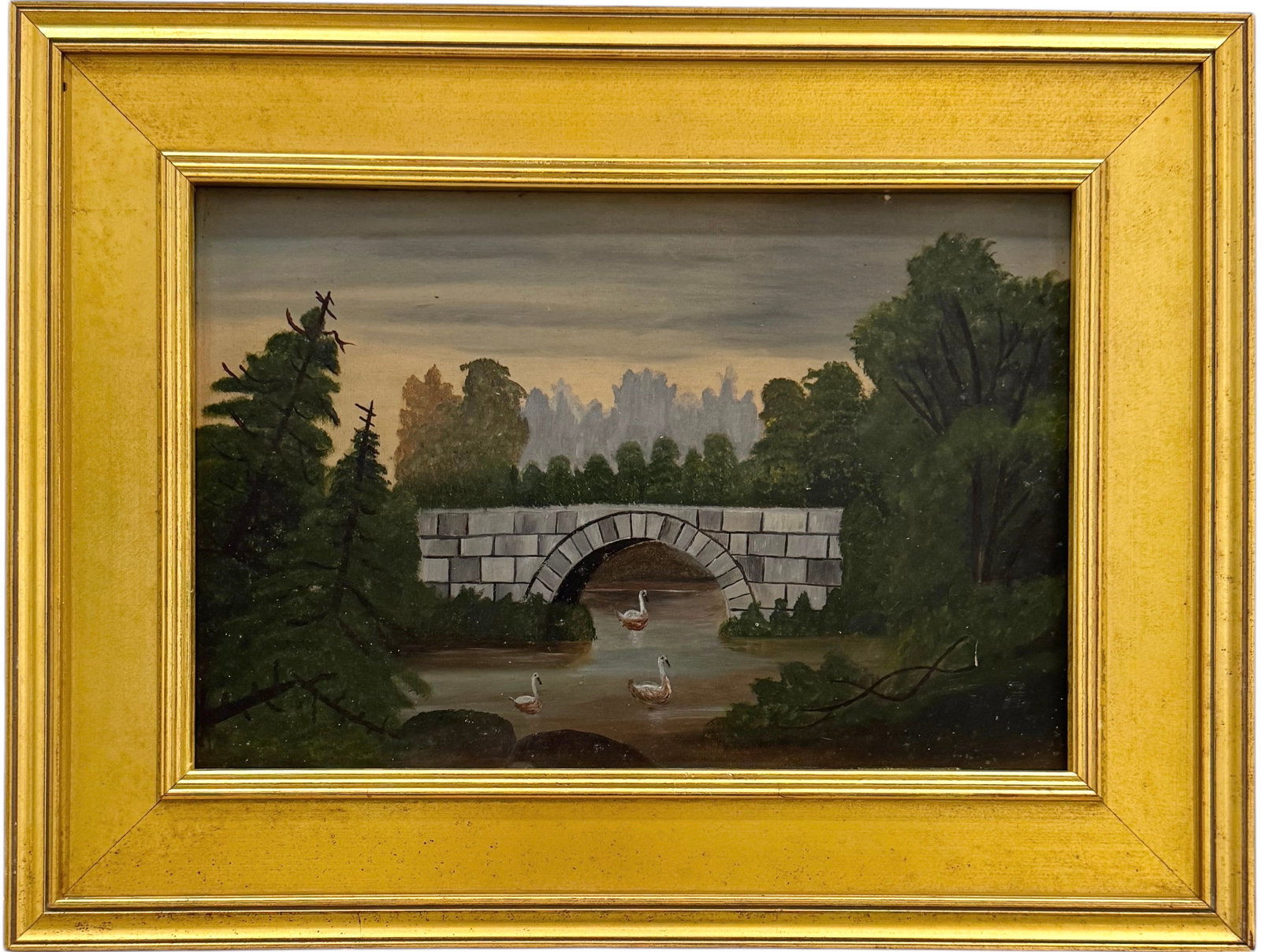 19th Century European Forest Scene Stone Bridge With Swans Oil Painting: Oil on academy board 13 1/2 x 9 1/2 in, 19 x 14 1/4 in (framed). Domestic Flat Shipping Price: $55