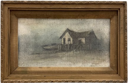 Early 20th Century Signed Oil Painting Of A Boat House With Photograph Verso