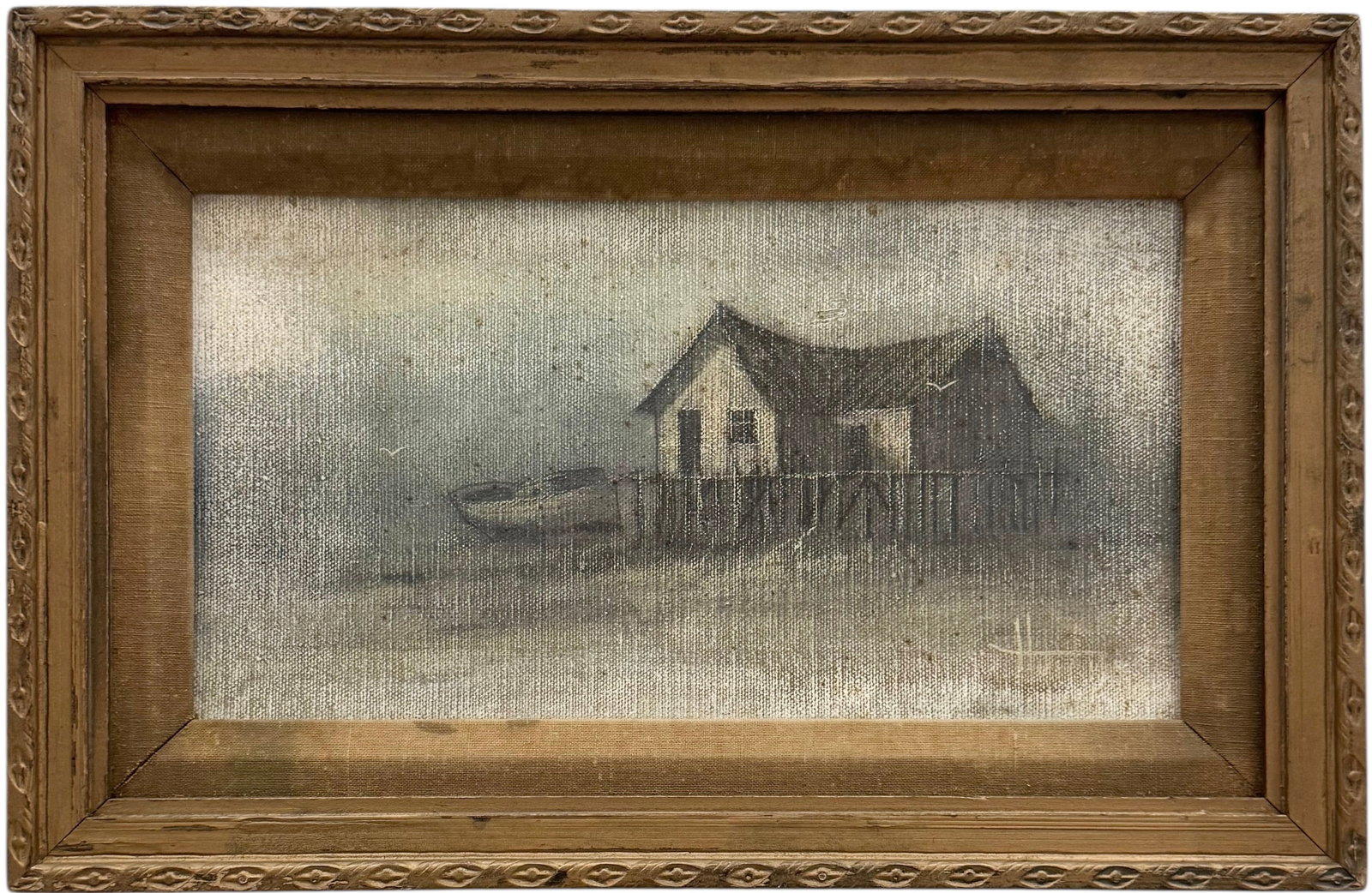 Early 20th Century Signed Oil Painting Of A Boat House With Photograph Verso: Oil on masonite 11 1/2 x 6 1/2 in, 15 x 10 in (framed).