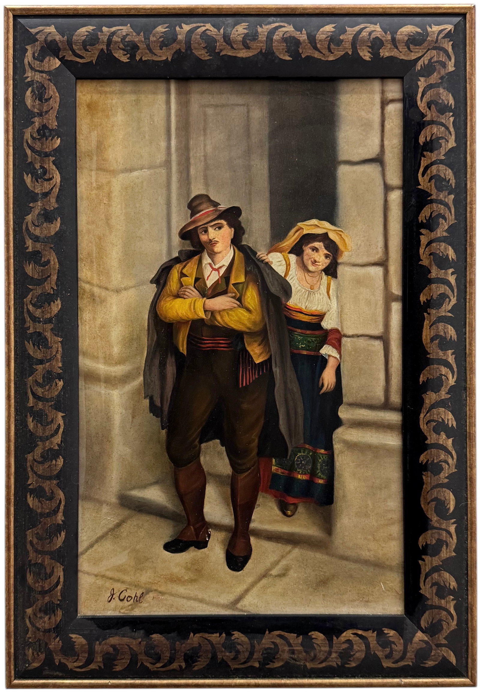 Nicely Framed European School Genre Street Scene Signed Oil Painting On Academy Board: Oil on board 21 3/4 x 13 1/4 in, 26 3/4 x 18 1/2 in (framed). Domestic Flat Shipping Price: $80