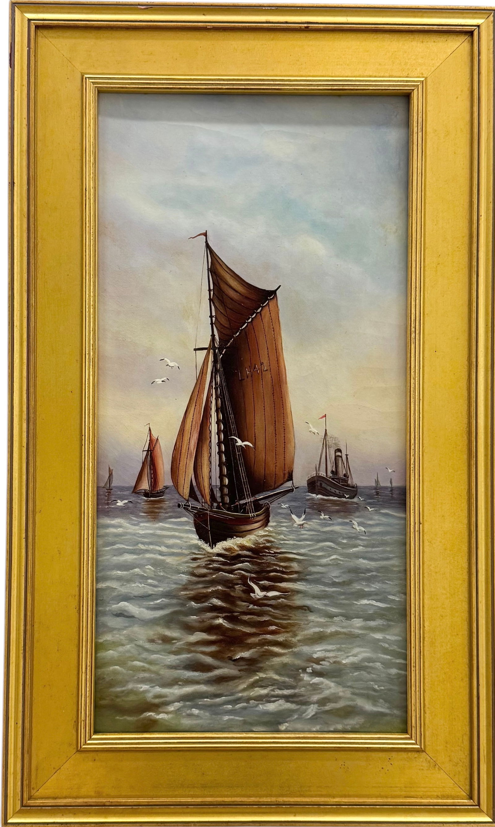 British Sails Early 20th Century Seascape With Boats Oil Painting: Oil on canvas 10 1/2 x 10 in, 25 x 15 1/4 in (framed). Domestic Flat Shipping Price: $70