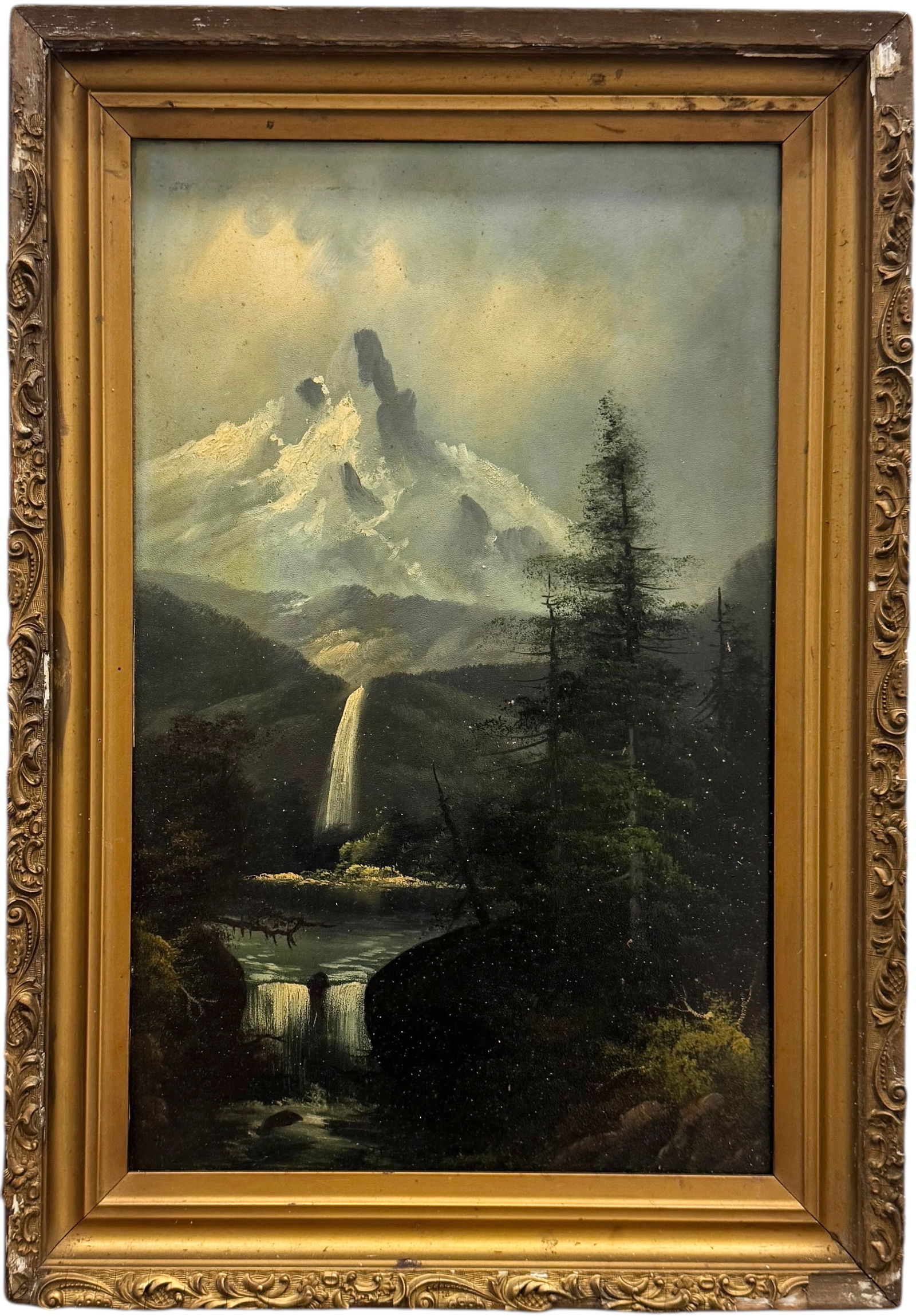 19th Century American School Mountain Landscape Oil Painting On Academy Board (1 of 3)