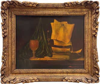 Vintage Nicely Framed Still Life Book Wine Key Signed Oil Painting