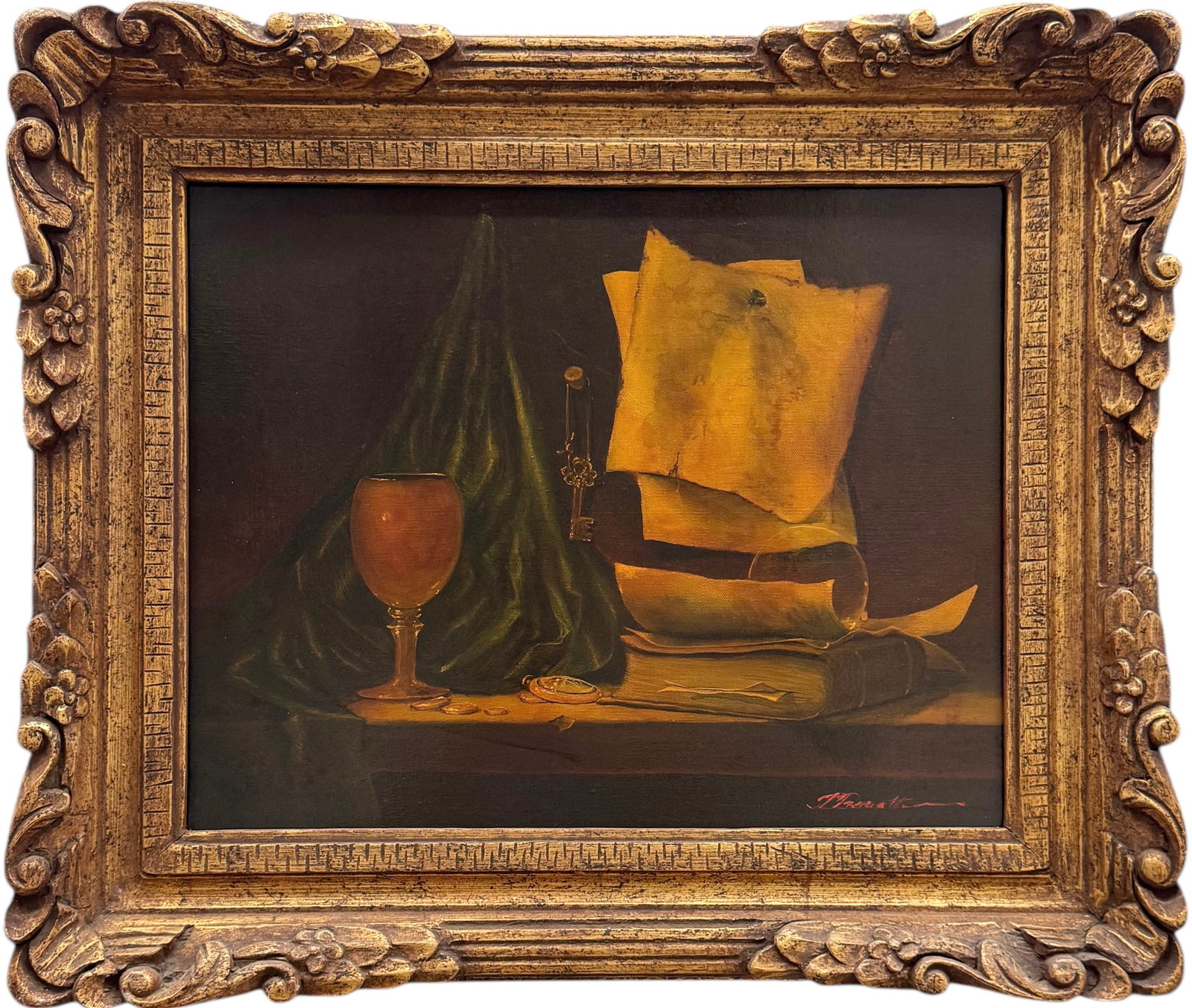 Vintage Nicely Framed Still Life Book Wine Key Signed Oil Painting: Oil on canvas 20 x 16 in, 26 1/2 x 22 1/2 in. Domestic Flat Shipping Price: $80